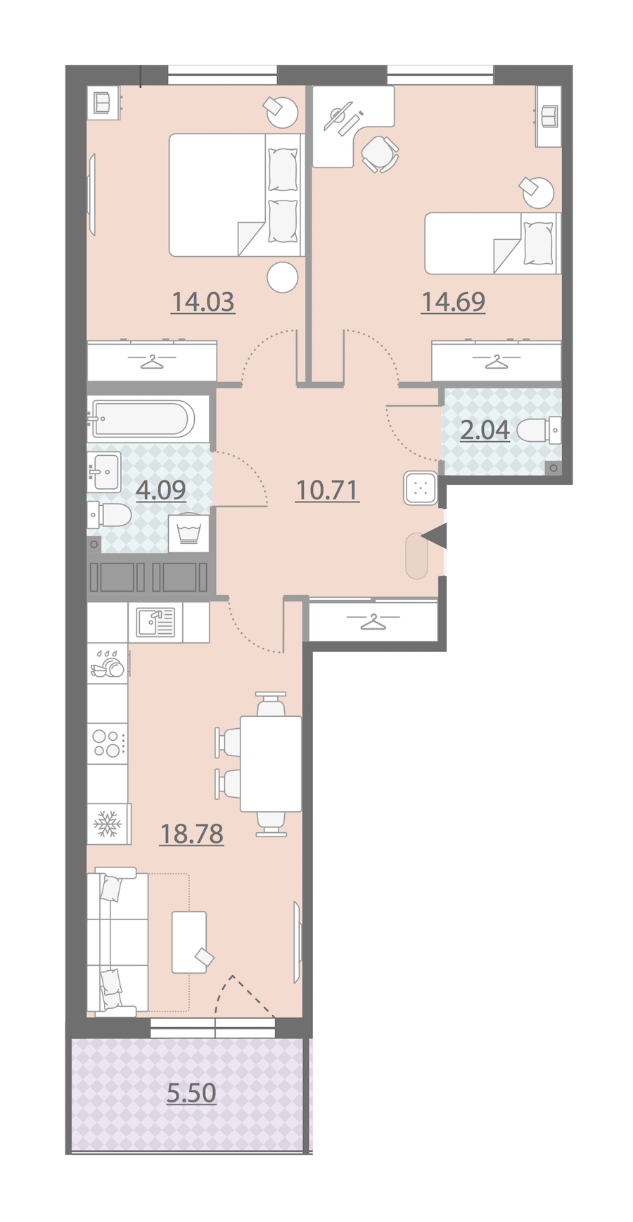 Двухкомнатная квартира в : площадь 67.09 м2 , этаж: 6 – купить в Санкт-Петербурге
